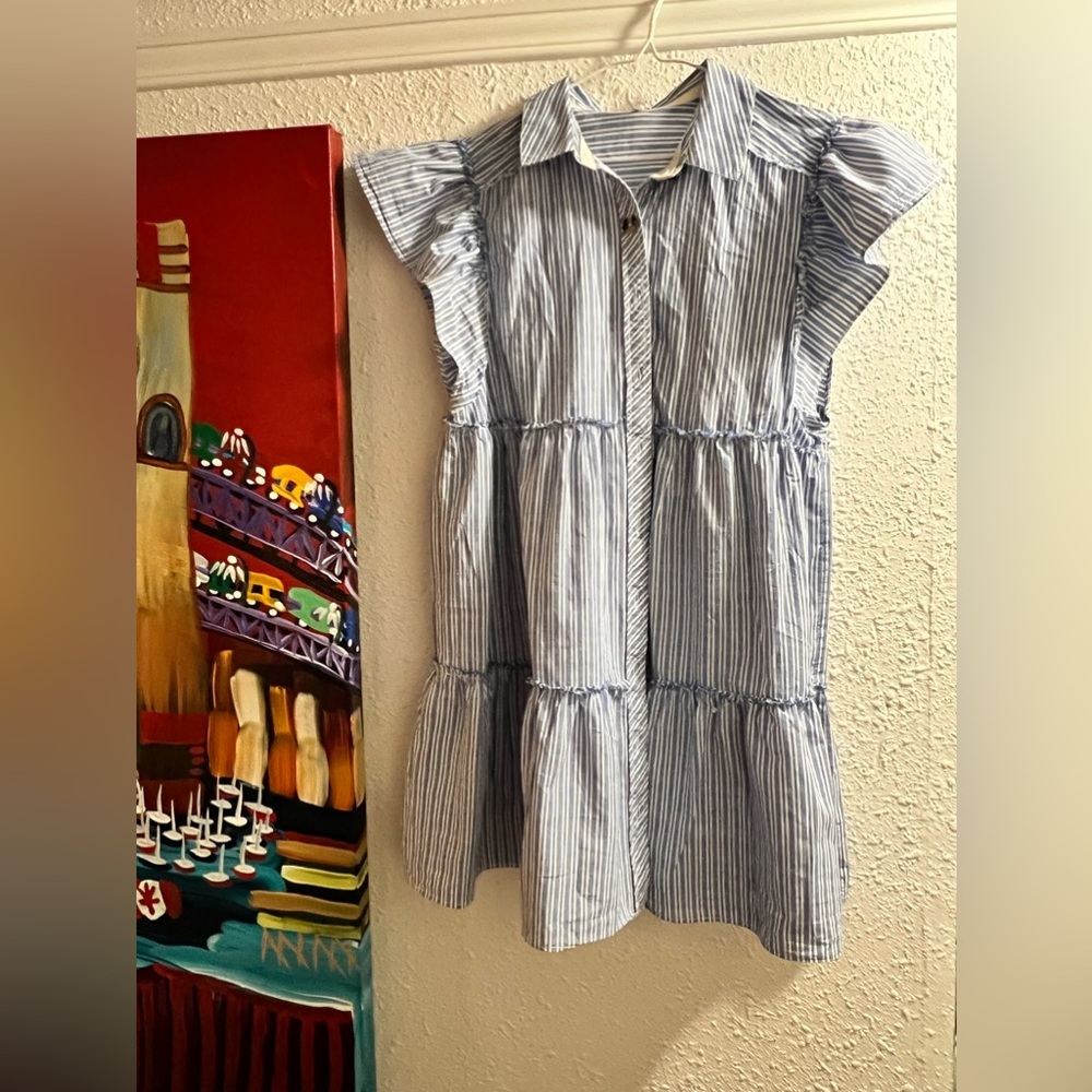 FREE PEOPLE Blue Striped Cotton Flutter Sleeve Tiered Trapeze Mini Dress, Size S